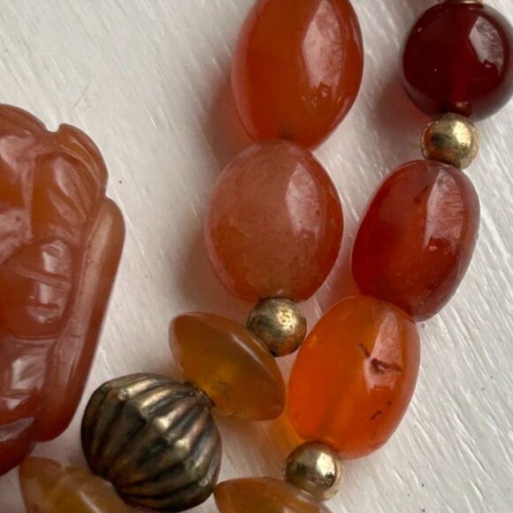 14k GF Carnelian Agate Beaded Necklace with Carved Guan Yin Buddhist - Picture 7 of 13